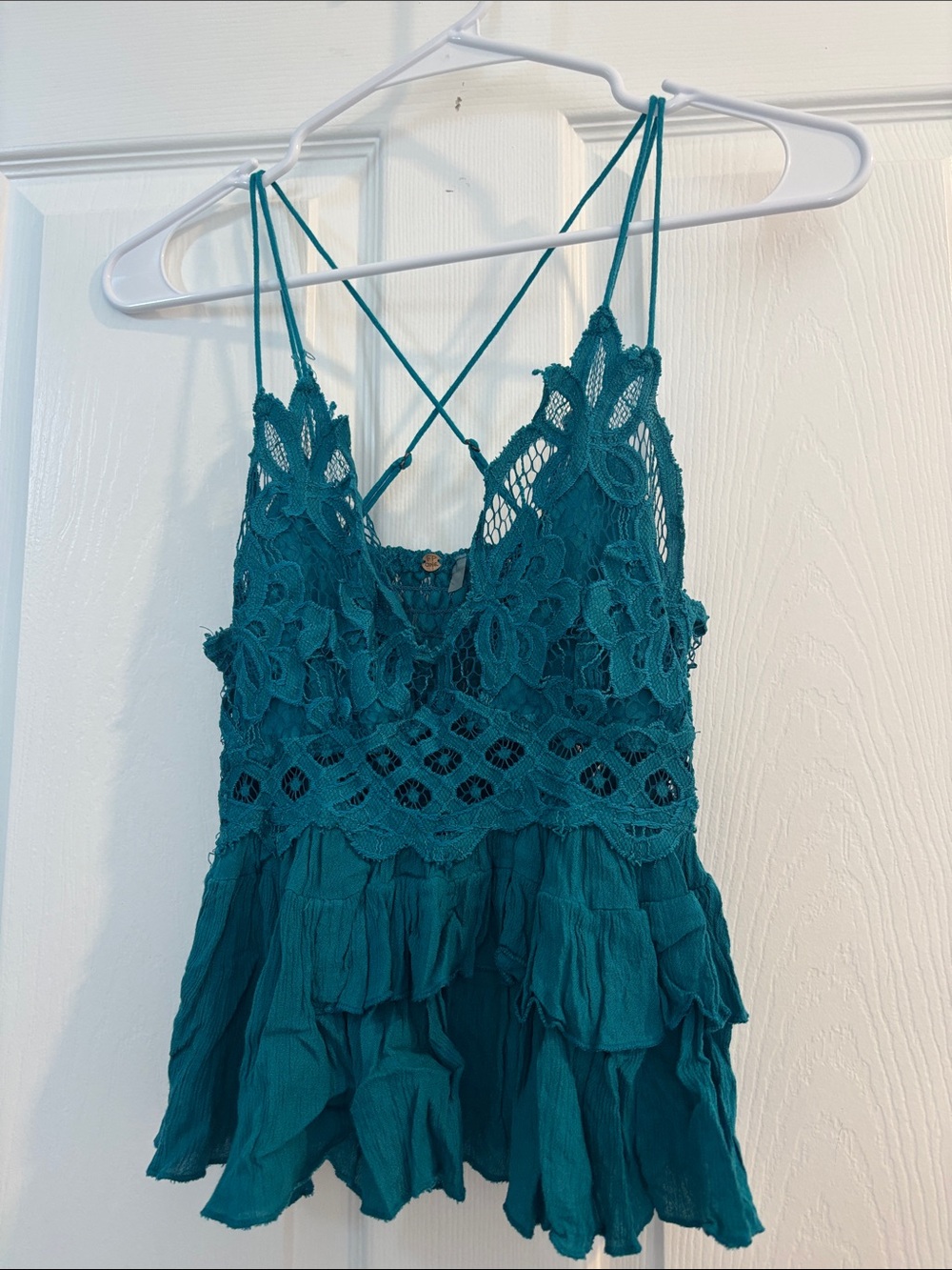 Free People Teal Lace Ruffle Tank